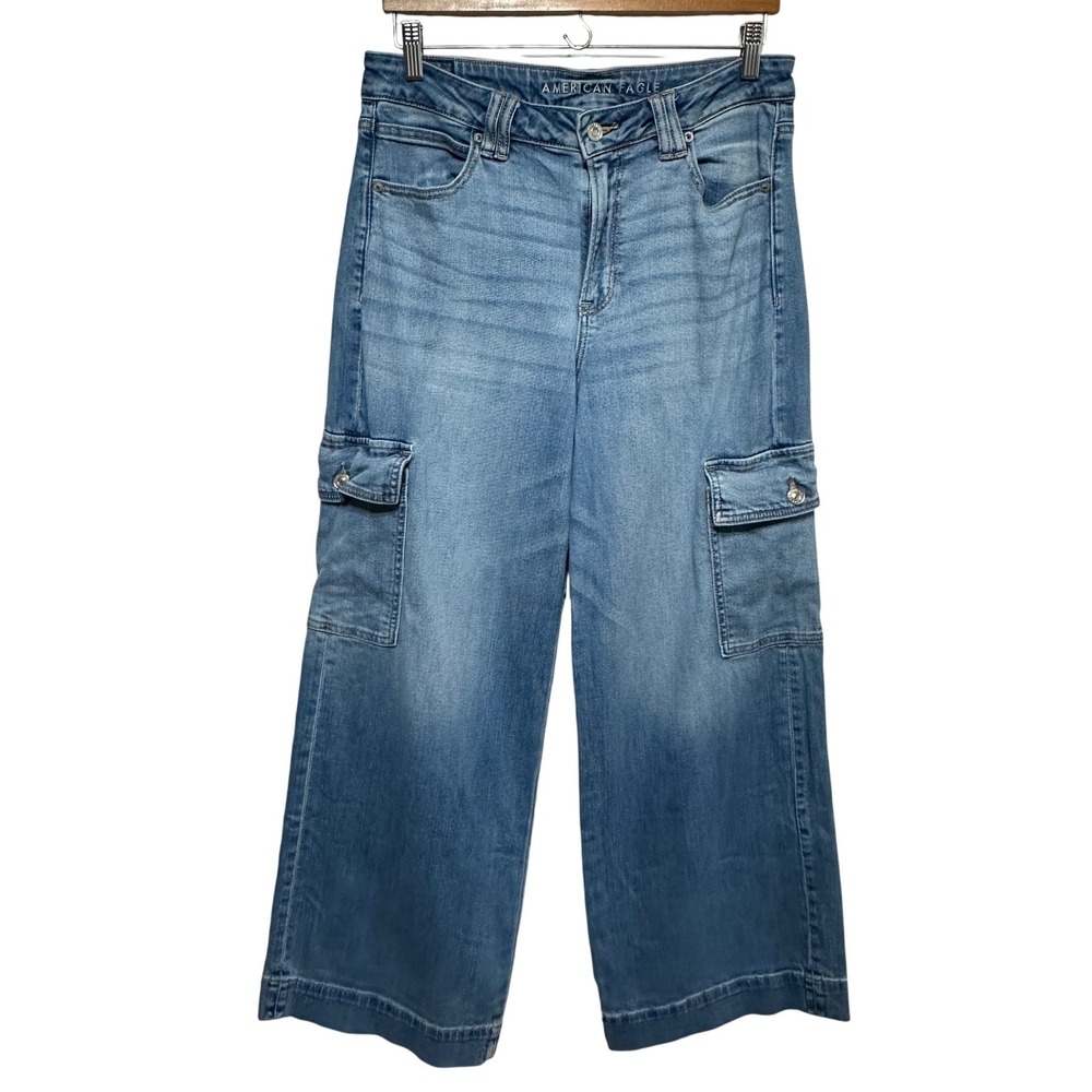 American Eagle Baggy Wide Leg Cargo Jeans Size 10 Blue Super High Rise Denim Y2K